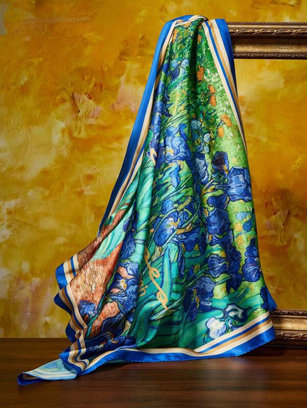SHEIN Touch of Art Elegant Smooth Soft Satin Scarf Headscarf, Large 70*70cm, Van Gogh Iris Floral Blue Artwork, Suitable For Gift, Outdoor & Travel