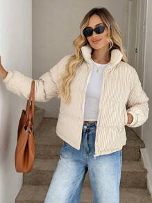 Easowa Zip Up Corduroy Padded Coat In Fall/Winter - Beige - View 5