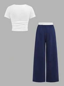 SHEIN 青少年女孩炫酷运动纯色短袖T恤和直筒运动裤套装 - 藏蓝色 - 查看 13