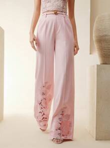 Anewsta 女士重工刺绣镂空花朵粉色宽松裤，夏季 - 粉色 - 查看 3