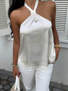MainGRL 女式夏季优雅白色缎面露背上衣 - 白色 - 查看 8
