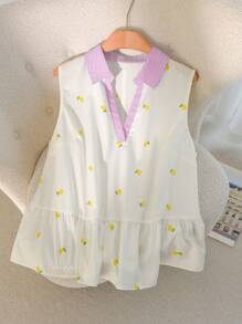 CosyJoli 大码休闲条纹拼布柠檬刺绣V领衬衫