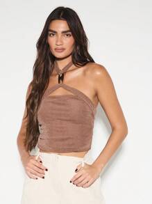 KIZN Metallic Mesh Corset Style Halter Crop Top Party Club Festival Dance Occasion Wear Summer Spring Evening Night Out Tank - Brown - View 5