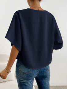 SHEIN Privé 女式纯色垂坠领优雅夏季短袖衬衫 - 藏蓝色 - 查看 2