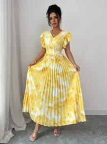 Modelyn Vestido largo con estampado floral efecto tie-dye y volantes en el bajo para mujer - Amarillo - Ver 5