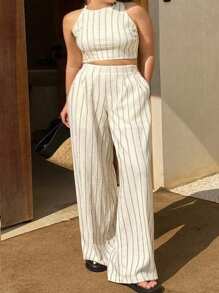 Dazy Plus 2 Pieces Set Crew Neck Cropped Tank Top & Loose Striped Pants