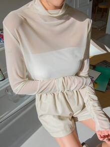 DAZY Cowl Neck Mesh Top Without Tube Top Going Out Tops Sheer Long Sleeve Women Tops,Fall Women Clothes - Beige - View 3