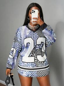 Slaydiva Autumn Streetwear Everyday Blue White Stripe Casual Sports Style T-Shirt,Round Neck Long Sleeve Drop Shoulder Ultra Loose 23 Digital Full-Width Zeb - Multicolor - View 7