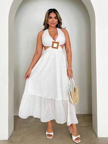 Xyvia Women Solid Color Lace-Up Crossed Wrap-Around Hollow Dress - White - View 4