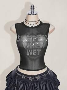 SHEIN ICON 加大码 Y2k 夏季黑色网眼透视性感水钻闪光女式水钻字母网眼露背紧身吊带背心 - 黑色 - 查看 1