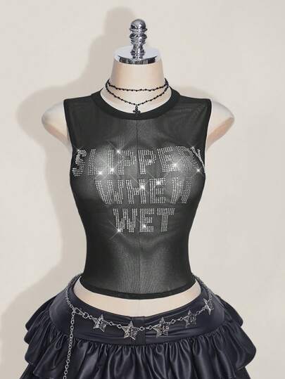 SHEIN ICON Plus Size Y2k Summer Black Mesh Sheer Sexy Rhinestone Glitter Women's Rhinestone Letter Mesh Backless Tight Camisole