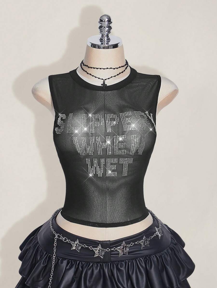 SHEIN ICON 加大码 Y2k 夏季黑色网眼透视性感水钻闪光女式水钻字母网眼露背紧身吊带背心 - 黑色 - 查看 1