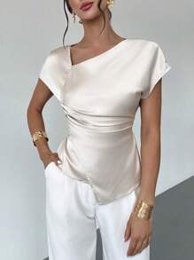 Firerie 新款香槟色缎面褶皱修身优雅衬衫，真丝质感上衣/适合工作和休闲穿着/夏装/可爱的夏季上衣/节日服装/女士教师装/女士夏装/办公室商务装 - 杏色 - 查看 2