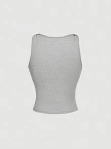 SHEIN MOD Áo nữ màu xám cổ tròn xếp ly với họa tiết chữ đính đá. - Xám - Xem 2