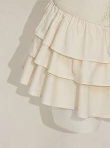 SHEIN ICON Y2k 外出西部波西米亚嬉皮米色露肩荷叶边无袖蕾丝拼布下摆纯色吊带背心连衣裙 - 杏色 - 查看 5