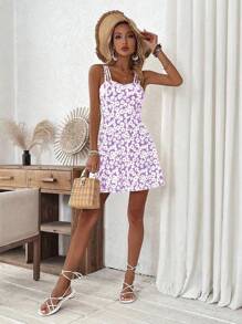 Breezaya 女士黄色花卉印花吊带连衣裙度假海滩装 - 淡紫色 - 查看 3