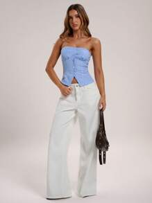 SHEIN BAE Summer Casual Commuting Sky Blue Striped Front Button Tube Top Hot Girl Tops, Sexy Tops, Holiday Tops - Multicolor - View 6