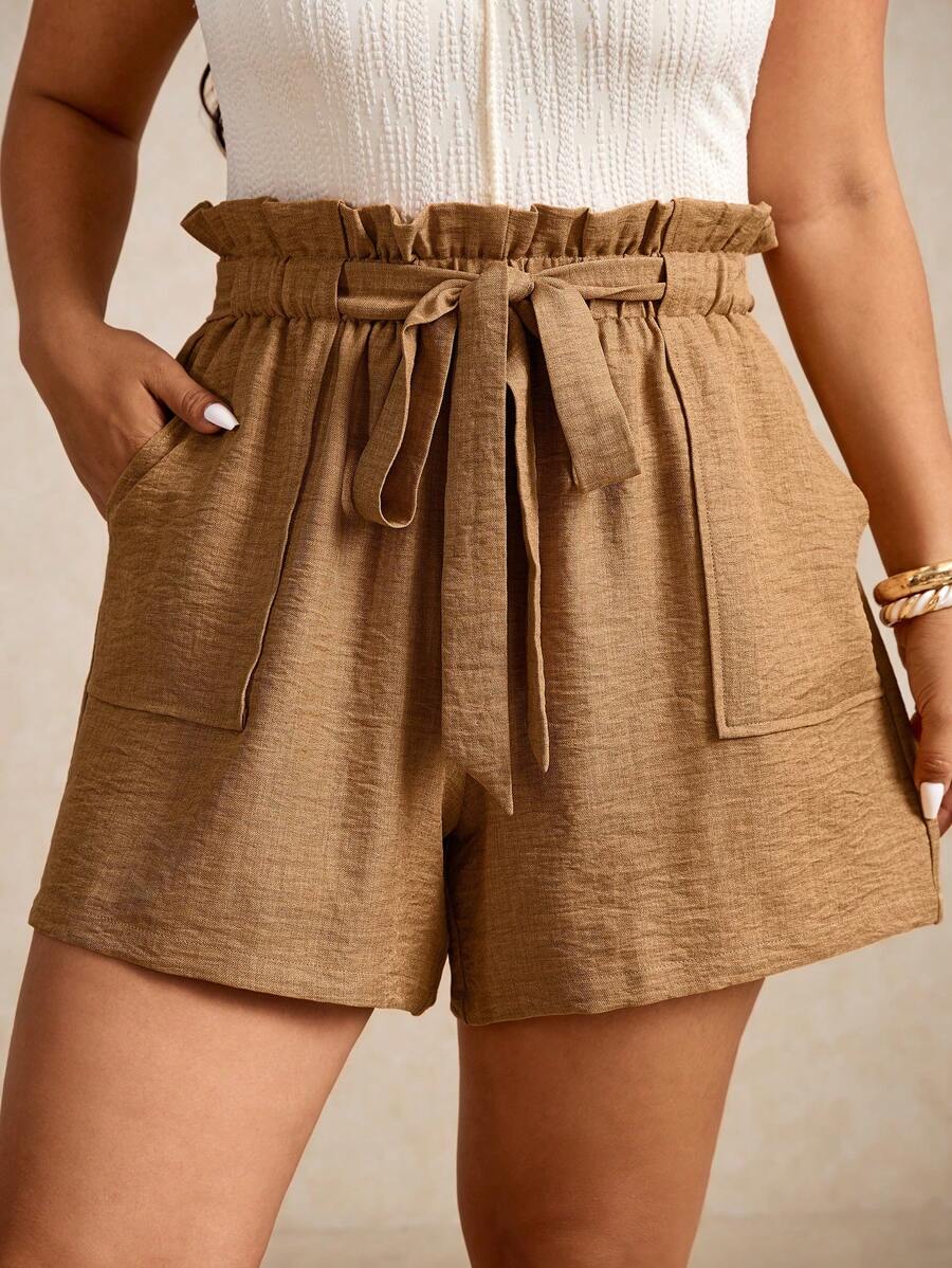 Elaquor Quần short thường ngày màu trơn túi giấy cỡ lớn - Màu Khaki - Xem 1