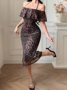 DAZY Vestido ajustado con volantes en el bajo, con estampado de leopardo, para primavera/verano - Marrón - Ver 5