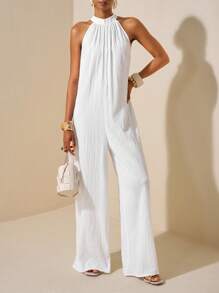Zivah 新款春夏休闲度假日常通勤挂脖圆领无袖超宽松阔腿加长裤白色女连体裤 - 白色 - 查看 5