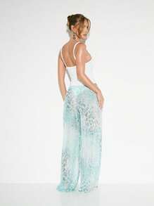 KIZN Quần đi biển màu nước ống rộng có dây rút mặc đi nghỉ dưỡng, đồ bơi mặc đi biển, đồ mặc đi nghỉ bên hồ bơi, quần Palazzo mỏng - màu xanh lá - Xem 2