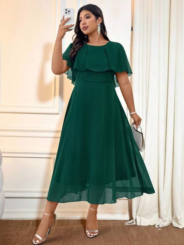 Cravure Damen Große Größen Rundhals lose einfarbiges elegantes langes Chiffonkleid Sommer Damen Outfit Frühlings-Kleid Elegantes formelles Damen Kleid Hochzeit Gast Kleid
