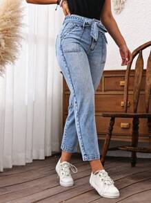 EMERY ROSE Damernas Casual Denimbälte med Pocket Cone Byxor - Mediumtvätt - Visa 5