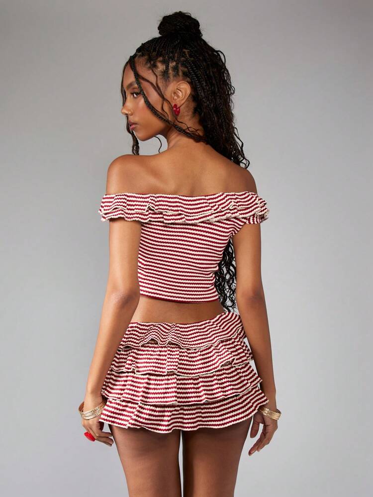 MISSGUIDED Off Shoulder Ruffle Hem Two Piece Festival Beach Summer Mini Co Ord Short Set With Smocked Pattern Boho Crop Top And Mini Skirt