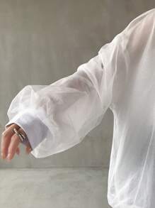 FRIFUL 女士常规款飞行员夹克，网纱透视落肩设计，宽松版型，弹性下摆，女式外套 - 白色 - 查看 7