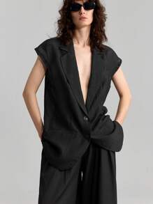 Ontre Women's Casual Black Blazer: Thigh-Length Cap Sleeve Woven Fabric Jacket With Lapel Neckline And Pockets, Semi-Sheer And Perfect For Summer - Black - View 8