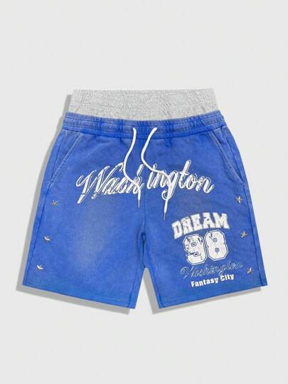 Prep Shorts casuales para hombre con estampado de letras, cintura con cordón y bolsillo