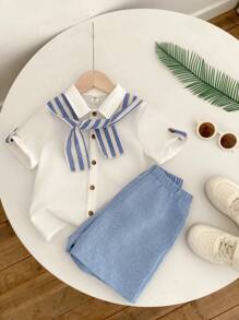 3 件套年轻男童休闲舒适百搭短袖衬衫、图案斗篷和条纹短裤套装
