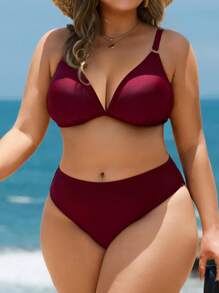 SHEIN Swim Curve 大码纯色圆形装饰细肩带比基尼套装 - 酒紅色 - 查看 5