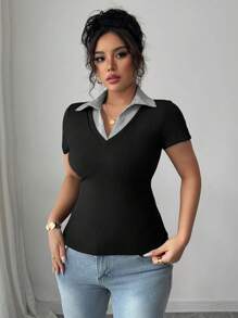 Elenzga 女士加大码优雅拼色领拼接修身弹力休闲百搭时尚设计短袖衬衫上衣，2025 年春夏新品 - 彩色 - 查看 6