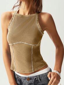 Bohemela Casual Solid Color Knit Slim Fit Women Tank Top - Khaki - View 2