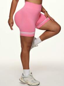 Easithlete Women Plus Size Seamless Pink Shorts, Sports