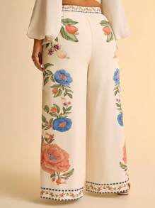 CAJUNI Pantalones rectos de pierna ancha en color albaricoque con estampado bohemio de loro y flores tropicales para mujer de talla grande, pantalones casuales de verano para la playa