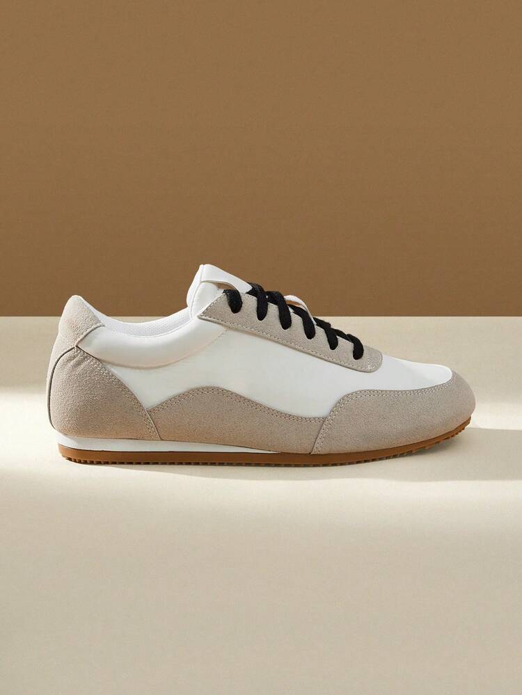 CUCCOO EASI Women's Patchwork Design Round Toe Flat Casual Sports Shoes, Breathable Fabric Apricot Casual Sneakers For Daily Wear Outdoor