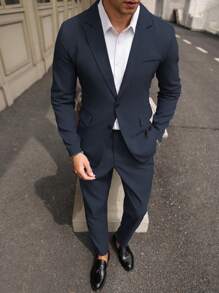 Manfinity Mode Solid Color Single Breasted Long Sleeve Blazer Jacket And Side Pocket Suit Pants Suit Set Men Suits Blue Men Suits Slim Fit Men Blue Suit Two Pieces Suit Men Men Dress Suit A Great Gift For A Boyfriend Or Husband. - Navy Blue - View 5