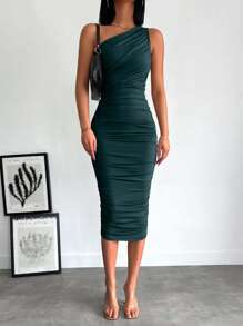 EURMUSE Váy suông dài vừa phải xếp ly không tay màu trơn cho nữ - Màu xanh lá cây đậm - Xem 6