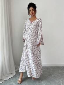 Al Najma Women Floral Print Hollow Out Elegant Long Sleeve Arabic Dress