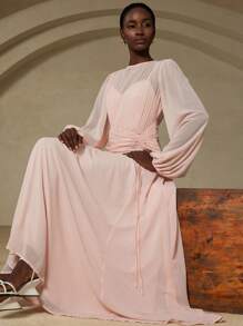 Aveloria Rosie Novo Elegante Vestido Longo de Manga Longa em Estilo Francês Refinado, Cor Sólida, Chiffon, Decote Redondo, Pregas, Cordão na Cintura, Bainha Assimétrica - Rosa chiclete - Visão 6