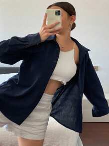 Dazy Plus Plus Size Plain Color Lapel Collar Pocket Loose Long Sleeve Dark Shirt Fall - Navy Blue - View 1