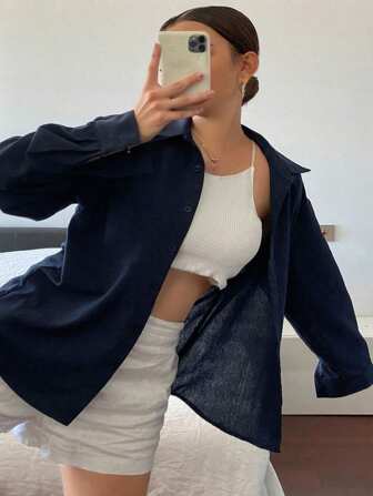 Dazy Plus Plus Size Plain Color Lapel Collar Pocket Loose Long Sleeve Dark Shirt Fall