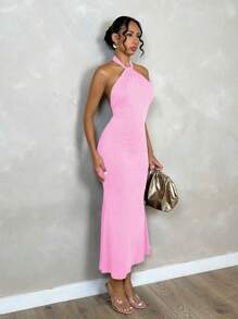 SHEIN PETITE 女士优雅简约纯色露背扭纹修身长裙，适合日常穿着女士休闲连衣裙女士连衣裙生日秋季女士服装返校