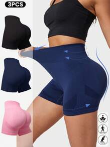 Seamluxe SHEIN Sport 3er-Set Damen High-Waist Slim Fit einfarbige Sport-Shorts, Workout-Shorts