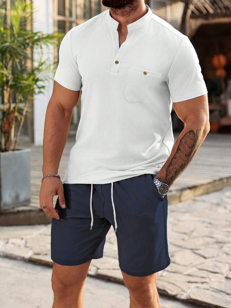 Manfinity Homme Conjunto de camisa y shorts sólido de estilo casual y versátil para hombre - Multicolor - Ver 1
