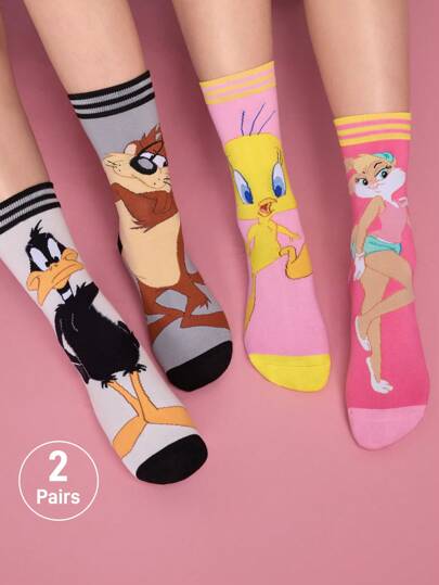 LOONEY TUNES X SHEIN 2Pairs Soft & Breathable Moisture-Wicking Casual Couple Mid-Calf Socks With Cartoon Striped Pattern Fashionable And Cute Grey & Pink Crew Socks Reinforced Toe & Heel For Durability Unisex For Men & Women All Season All-Match