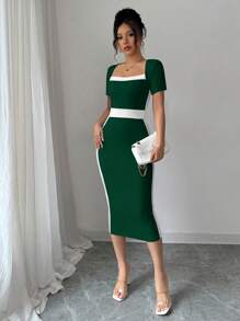 Elenzga Color Block Form-Fitting Square Neck Elegant Short Sleeve Women Dress