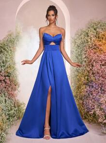 Glamrae Elegante e lussuoso abito blu navy in raso arricciato sul décolleté, spalle scoperte, scollo a V, schiena aperta con spacco e orlo alto-basso, adatto per appuntamenti, feste per single, cerimonie di laurea, occasioni formali, banchetti - Blu reale - Visualizzare 2